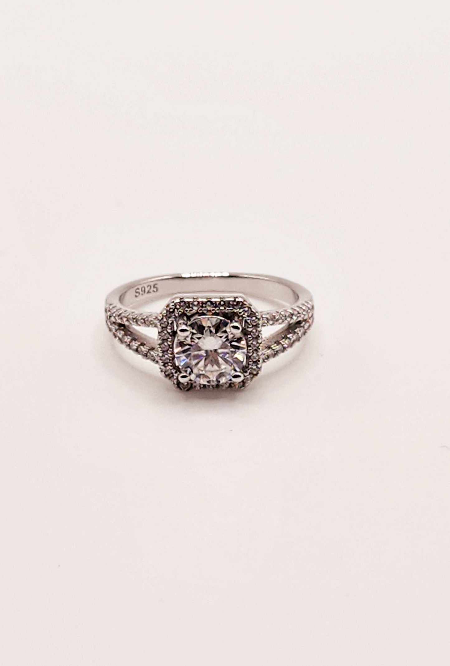 Moissanite Split Shank Square Halo Pave Engagement Ring in Sterling Silver with Round Cut Stone