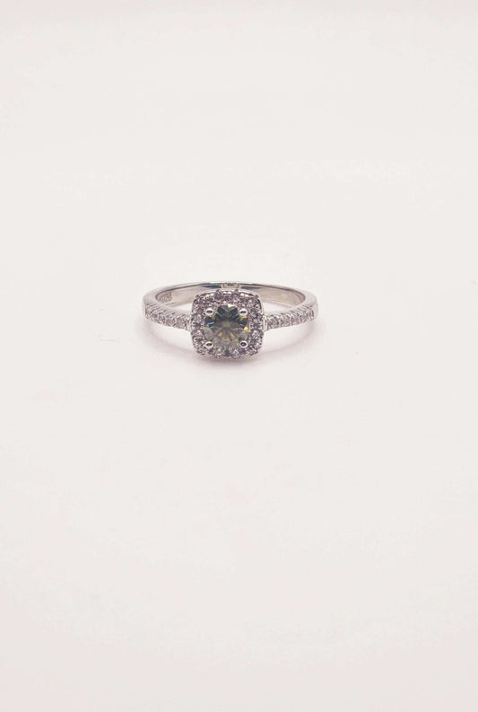 Peridot Green Halo Moissanite Ring with round cut stone in sterling silver.