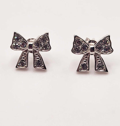 Silver Dainty Pave Bow Earrings