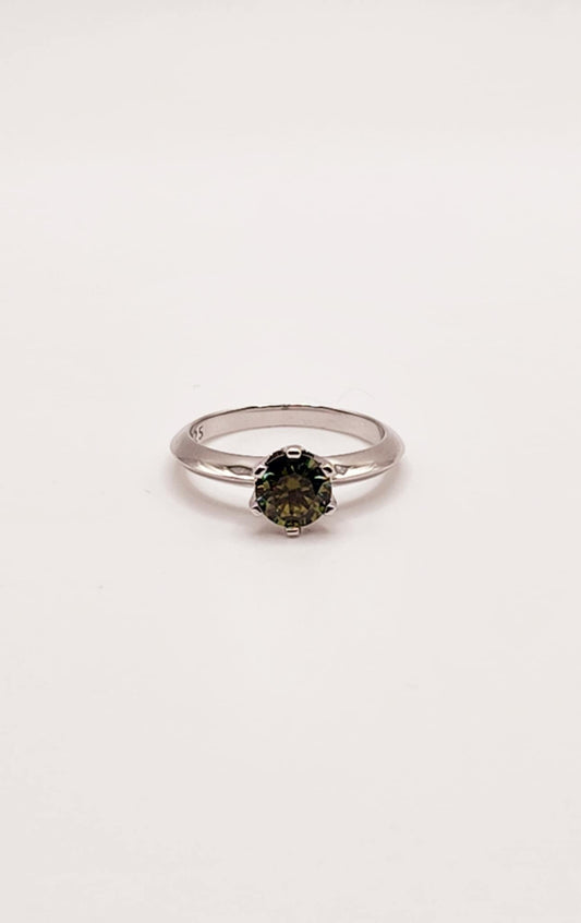 Elegant Green Moissanite Solitaire Engagement Ring in Six Prong Setting on Sterling Silver.