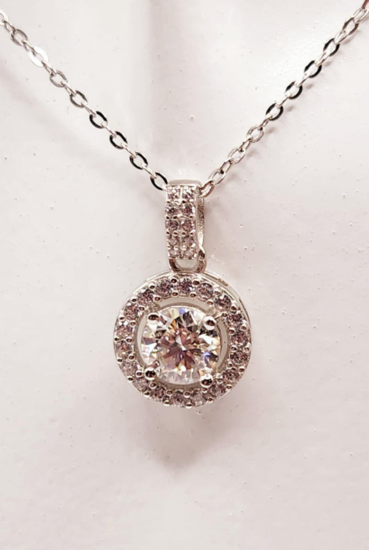 Round Moissanite Gemstone with Surrounding Halo Pendant Necklace