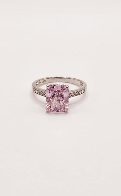 Classic Pink Radiant Cut Sterling Silver Ring with 2.5 carat pink stone and sterling silver band.