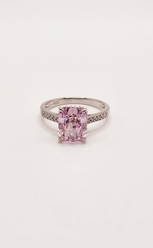 Classic Pink Radiant Cut Sterling Silver Ring with 2.5 carat pink stone and sterling silver band.